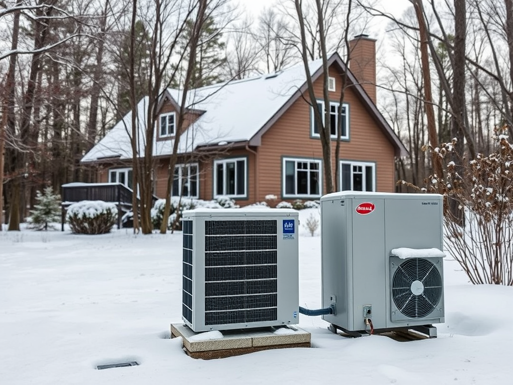 На переднем плане видны два устройства для охлаждения в снегу, на фоне деревянного дома. Зима, деревья окружают.