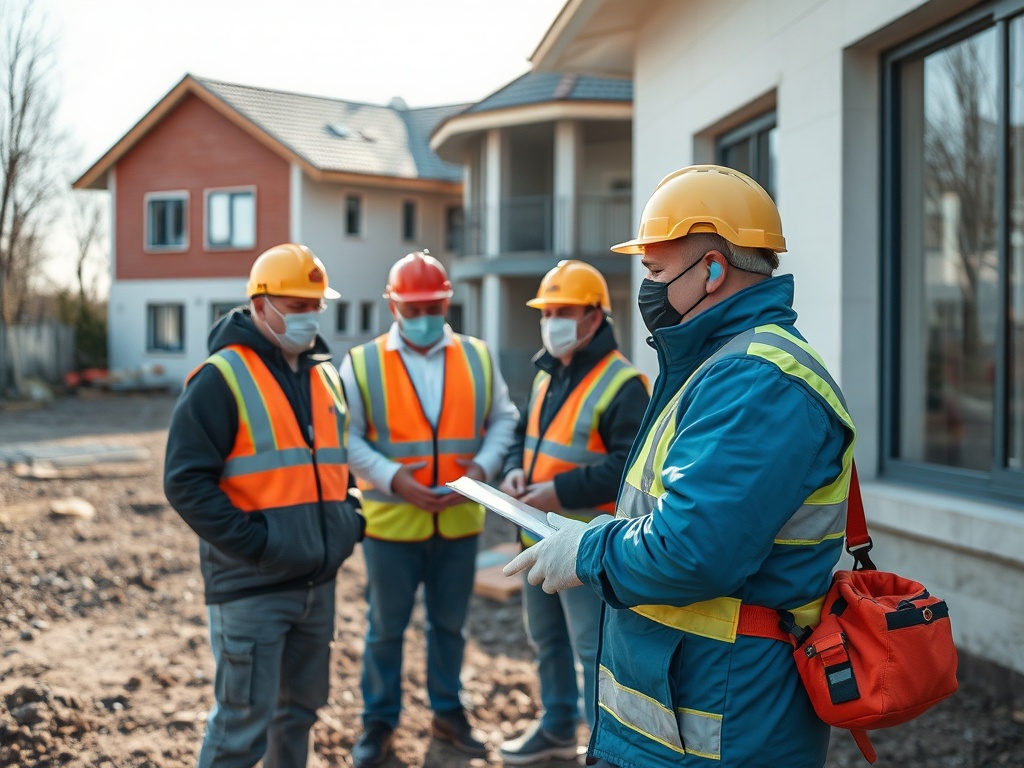 На стройке группа работников обсуждает проект, все в защитной одежде и масках. Солнце светит.