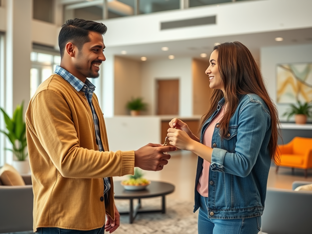 Молодой мужчина и женщина улыбаются друг другу в современном интерьере, обмениваются предметами.