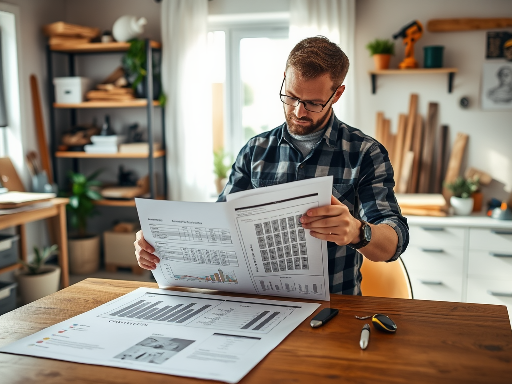 Человек в клетчатой рубашке изучает отчеты с графиками и таблицами в удобном рабочем пространстве.