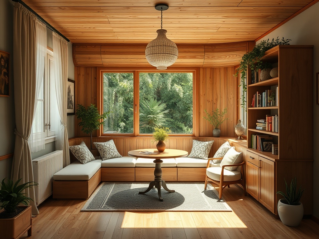 Светлая уютная гостиная с деревяной отделкой, большими окнами и мягкой мебелью, смотрящая на зеленый сад.