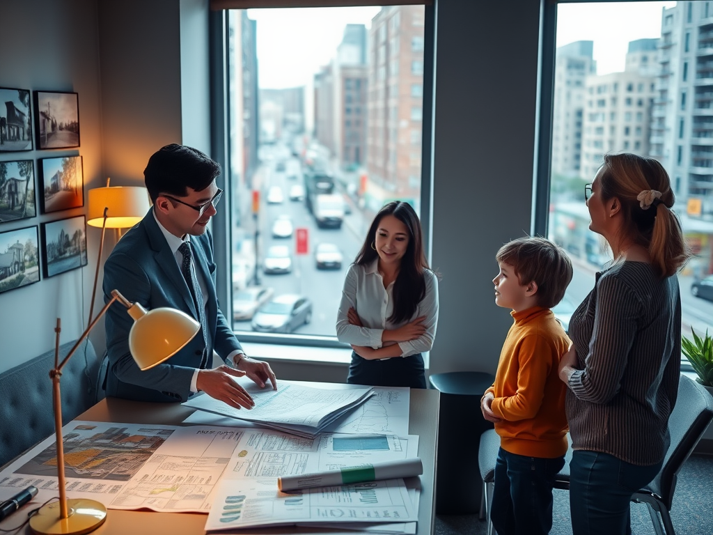 В комнате обсуждают планы, присутствуют мужчина в деловом костюме и три человека, включая ребенка. Вокруг окна городской пейзаж.