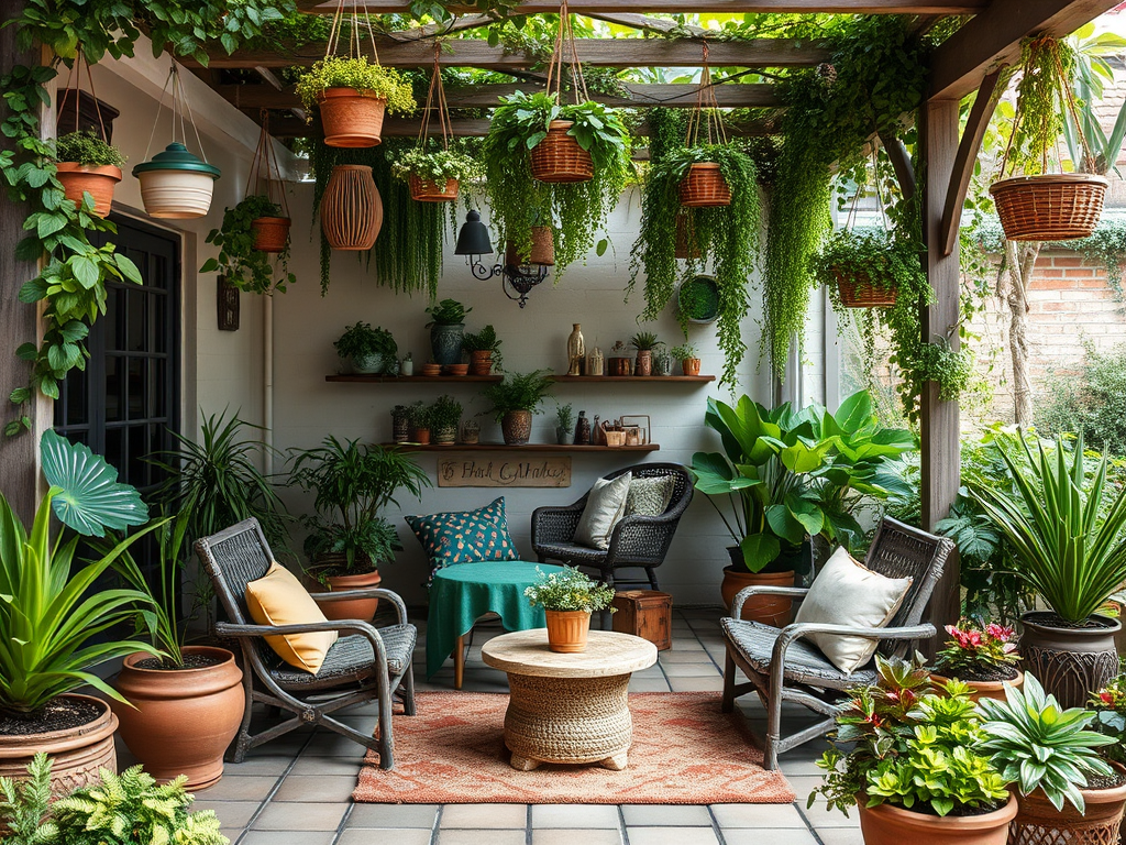 Уютный уголок с растениями, сохраненный в тени, с креслами и столом на потертой плитке.