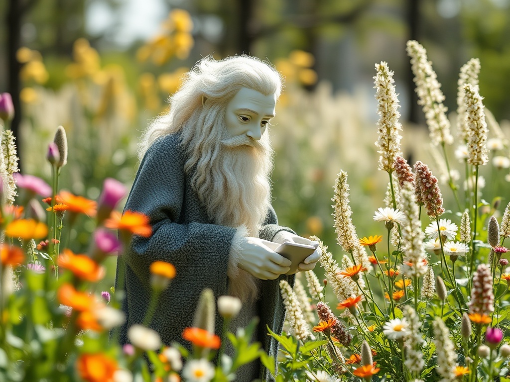 Старец с длинной белой бородой использует телефон, окружённый цветами в солнечном саду.