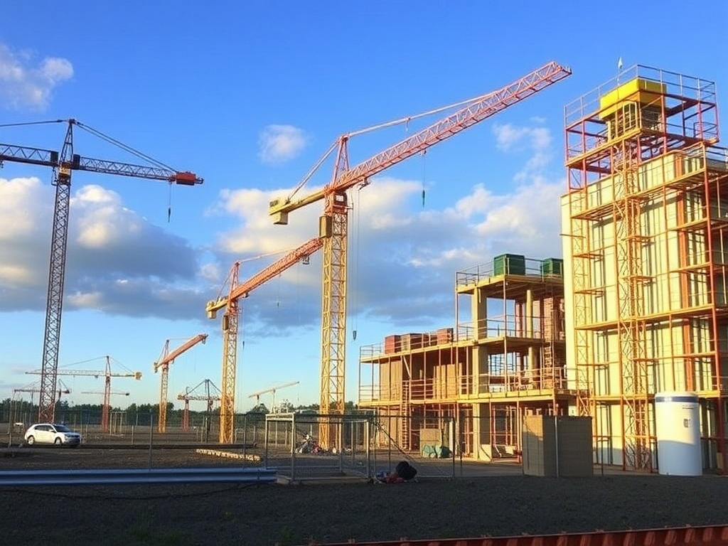 Строительная площадка с кранами на фоне голубого неба и облаков. Виден строящийся объект.