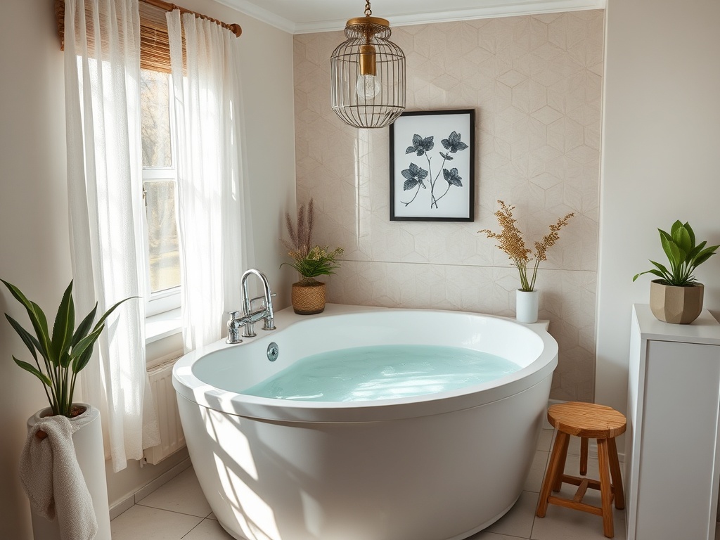 Современная ванная комната с круглой ванной, зелеными растениями и уютным освещением.