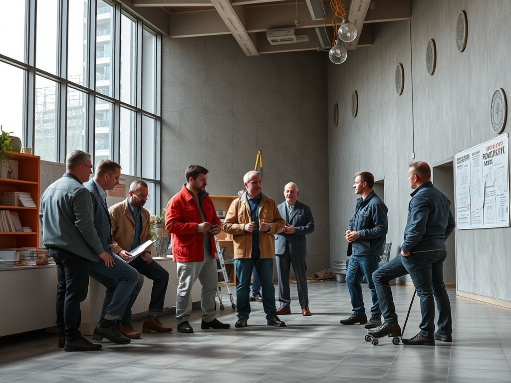 Группа мужчин обсуждает проект в современном офисе с большими окнами и светлыми стенами.