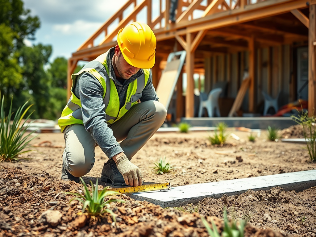 Рабочий в каске измеряет участок земли, готовя его для строительства, на фоне строящегося здания.
