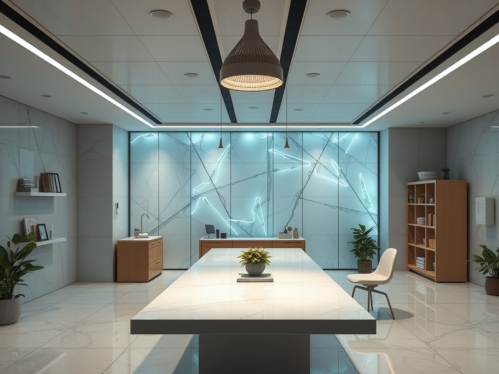 Современный офис с белыми стенами, ярким освещением и стильной мебелью. Минимализм и уют в интерьере.