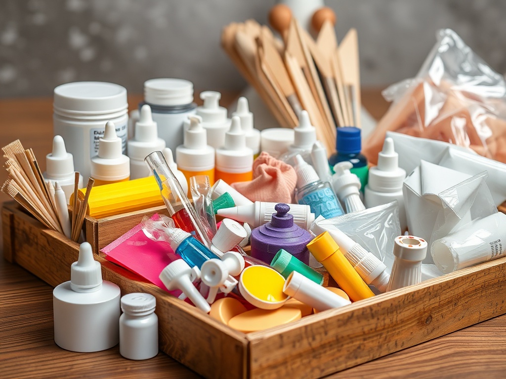 Ассорти из клеев и канцелярских принадлежностей в деревянной коробке на столе.