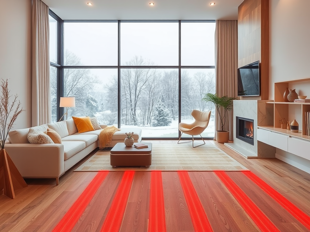 Уютная гостиная с большими окнами, зимний пейзаж снаружи, современная мебель и теплый камин.