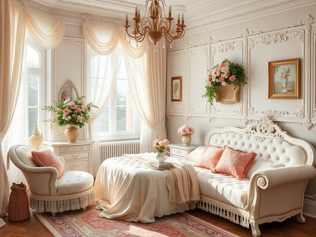 Элегантная гостиная с белыми шторами, цветами и уютной мебелью в светлых тонах. Роскошный и стильный интерьер.