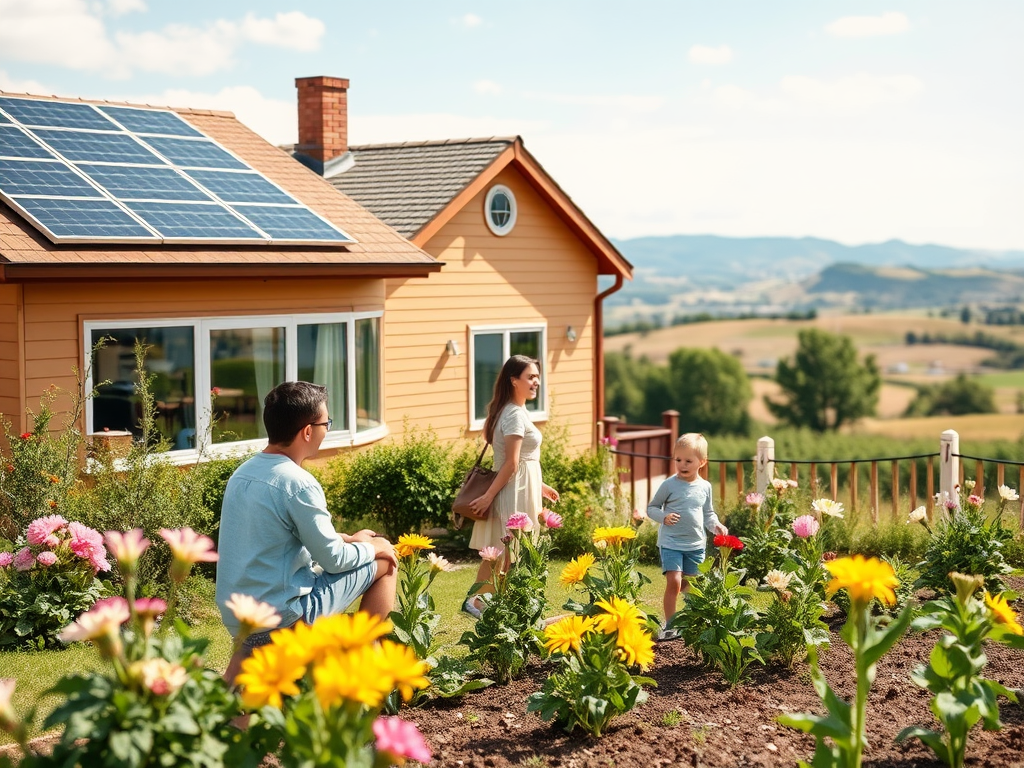 Семья гуляет по саду у дома с солнечными панелями и цветущими цветами на фоне гор.