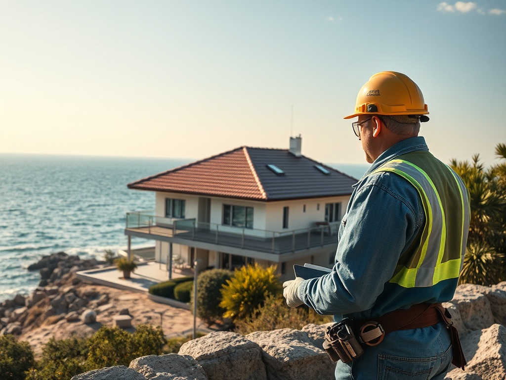 Рабочий в каске и жилете смотрит на море и дом у побережья, используя планшет для работы.
