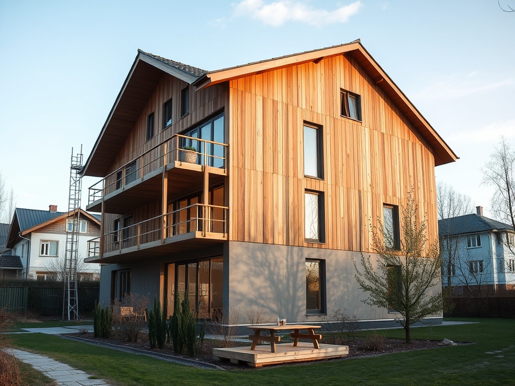 Современный дом с деревянным фасадом, террасой и ухоженным двором на фоне ясного неба.