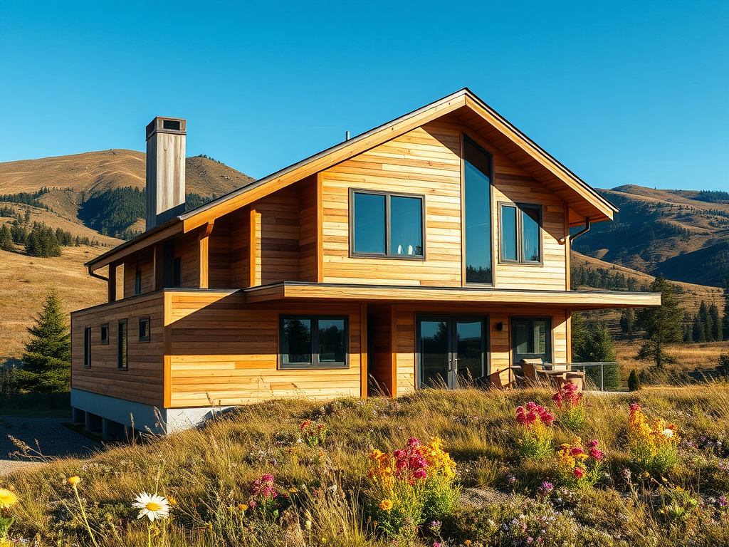 Современный деревянный дом среди зелени и гор, окруженный цветами под ясным небом.