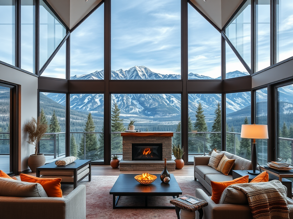 Современная гостиная с большими окнами и видом на горы, камин и уютная мебель с оранжевыми акцентами.