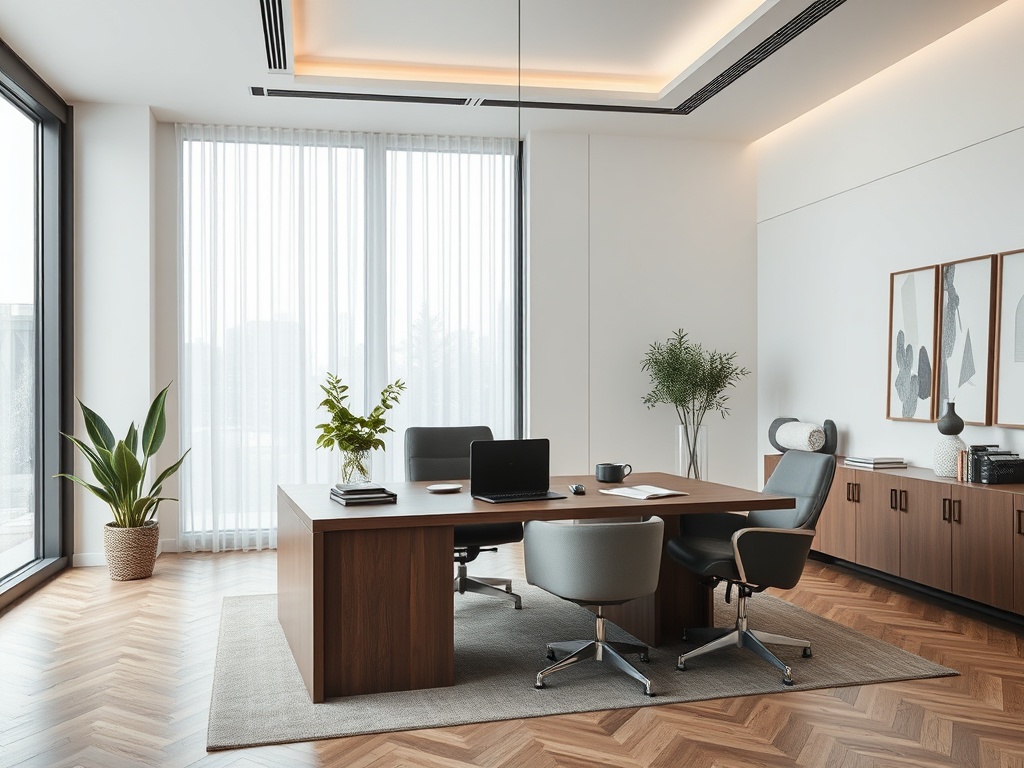 Современный офис с большим окном, деревянным столом и стильной мебелью, зелеными растениями и минималистичным дизайном.
