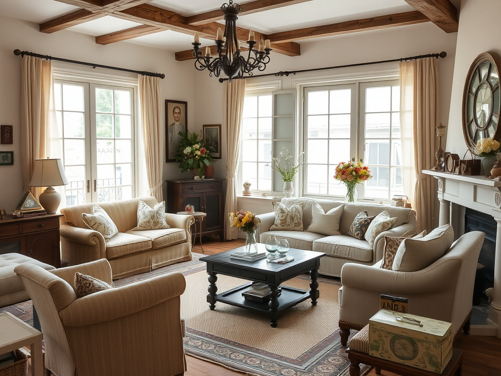 Уютная гостиная с мягкой мебелью, столом и цветами на окнах. Светлые шторы и деревянные балки на потолке.