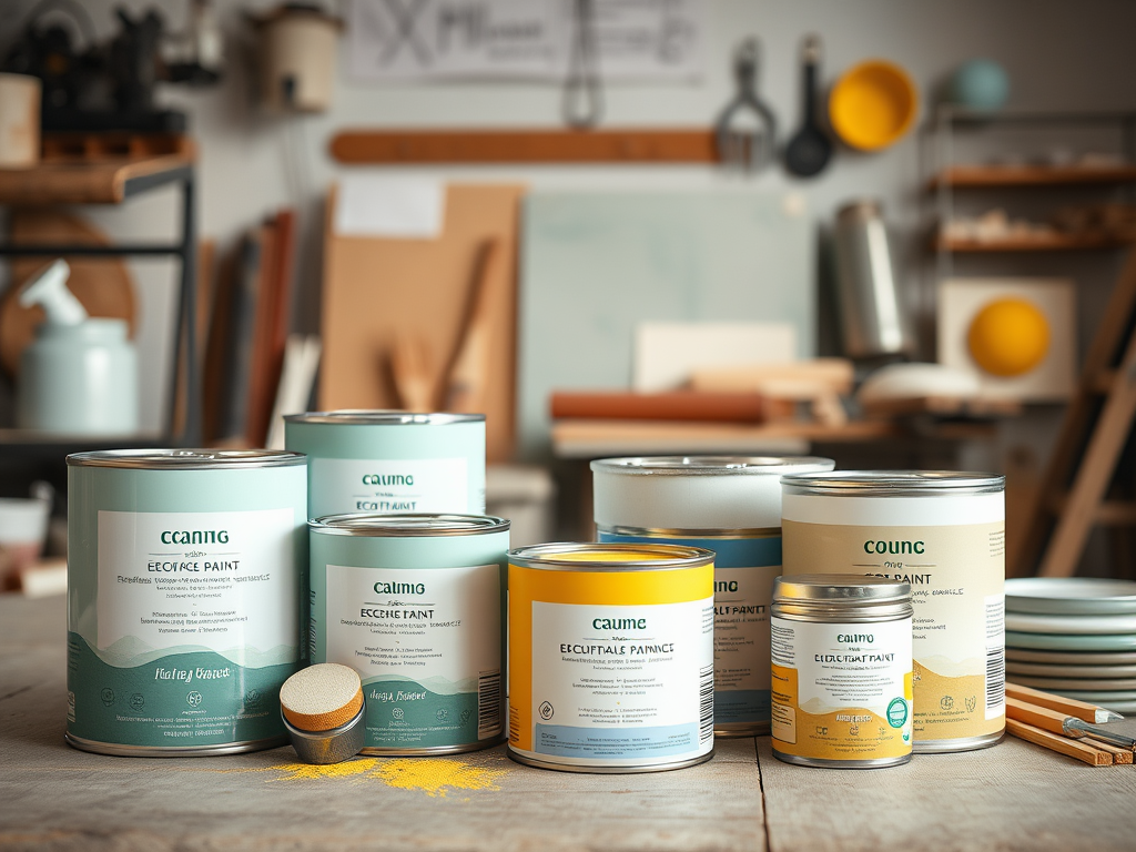 Разнообразные банки с экологической краской на фоне мастерской. Стильный и уютный интерьер.