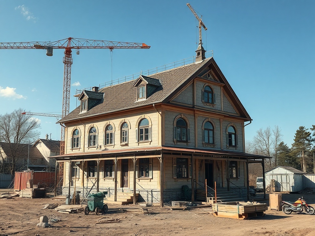 На стройке находится деревянный дом с башенным краном и стройматериалами на фоне ясного неба.