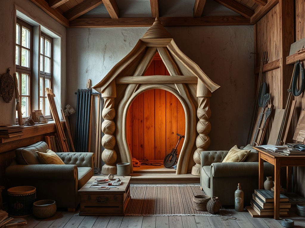 Внутри комнаты с деревянной мебелью стоит необычная дверь в форме домика, рядом диваны и разные предметы.