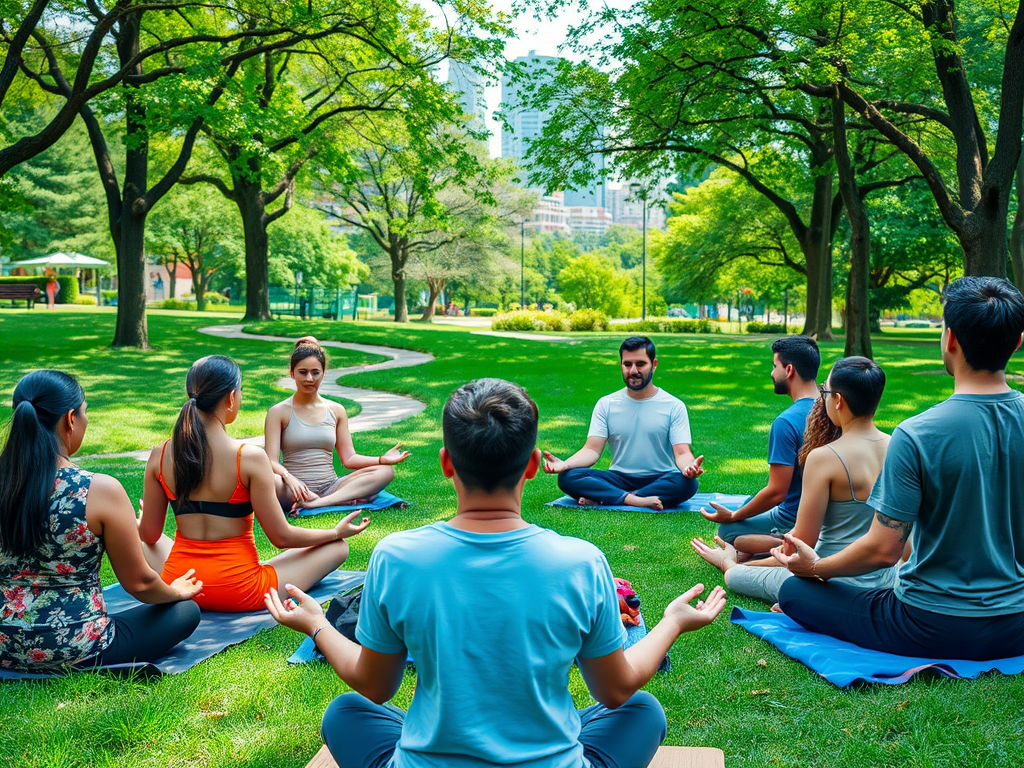 Группа людей занимается йогой в парке на зелёной траве под тенью деревьев в солнечную погоду.