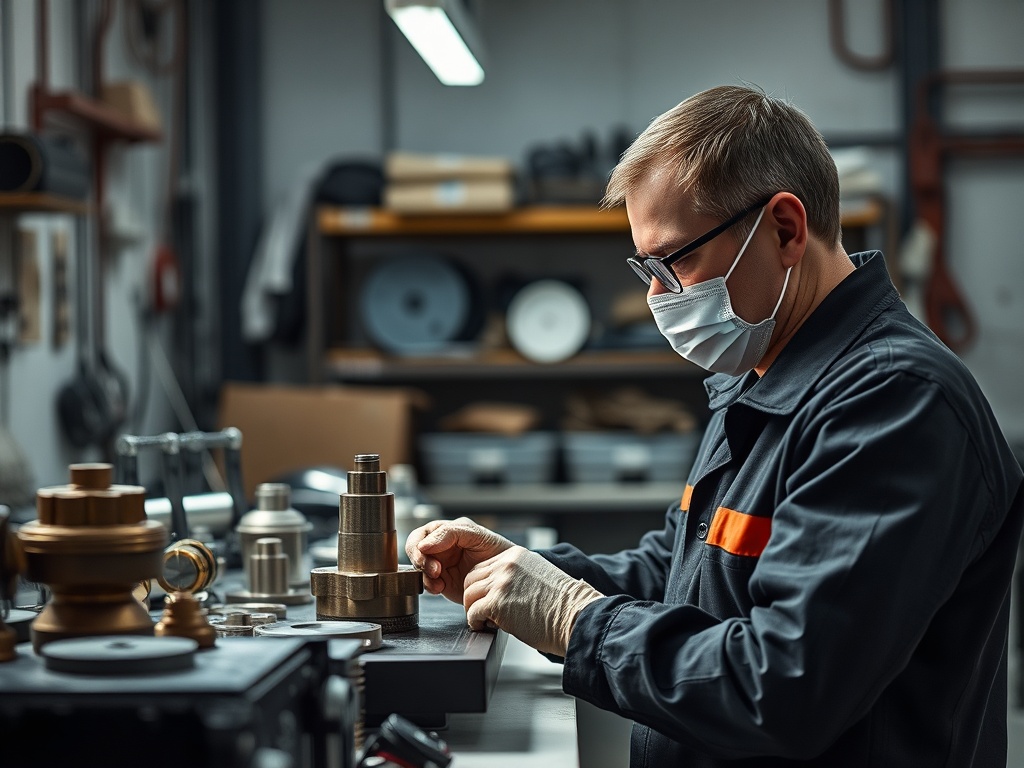 Мужчина в маске работает с металлическими деталями в мастерской, сосредоточенно занимается сборкой.