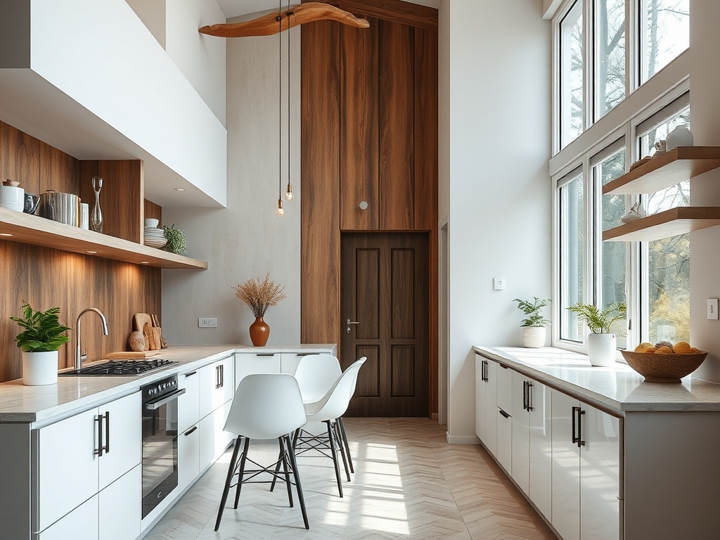 Современная кухня с деревянными акцентами, белыми шкафами и большими окнами. Пространство светлое и уютное.