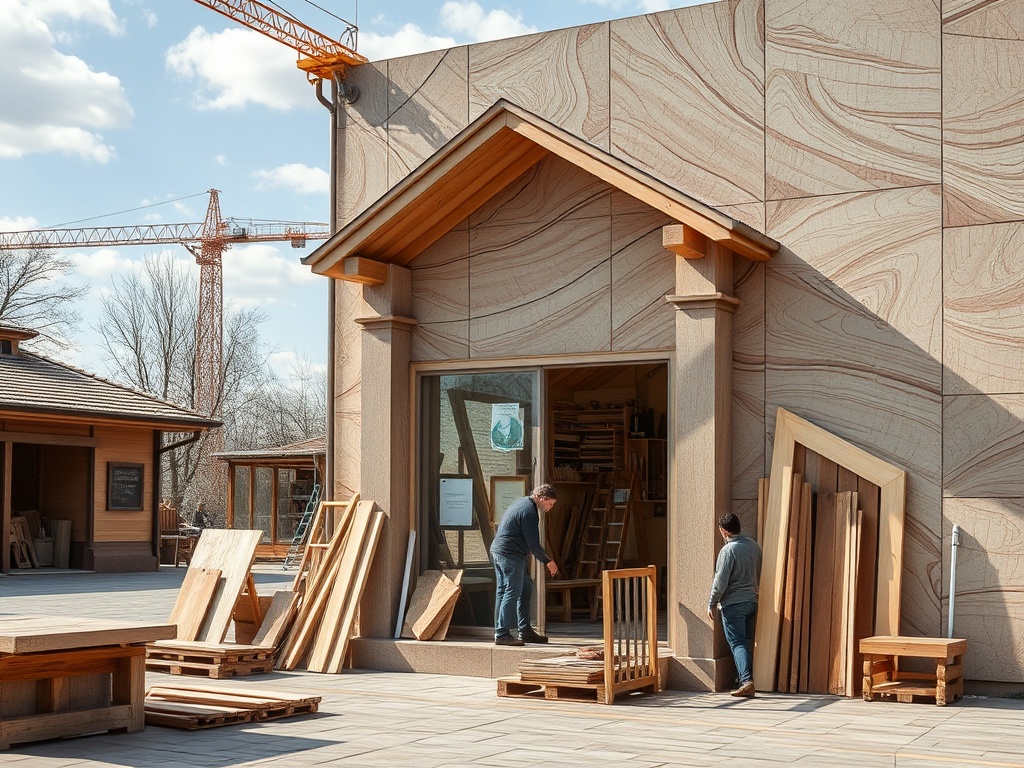 На изображении два человека работают с деревянными поддонами у здания с резной отделкой и строительным краном на фоне.