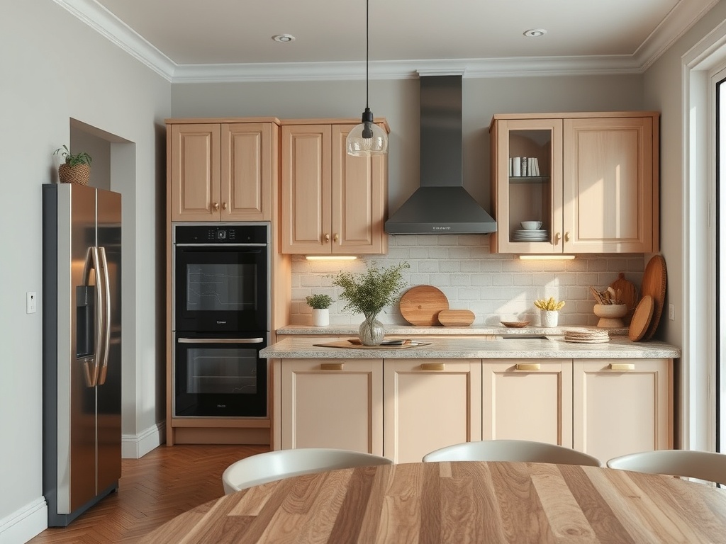 Современная кухня с деревянными шкафчиками, стильной техникой и элементами декора на столе.