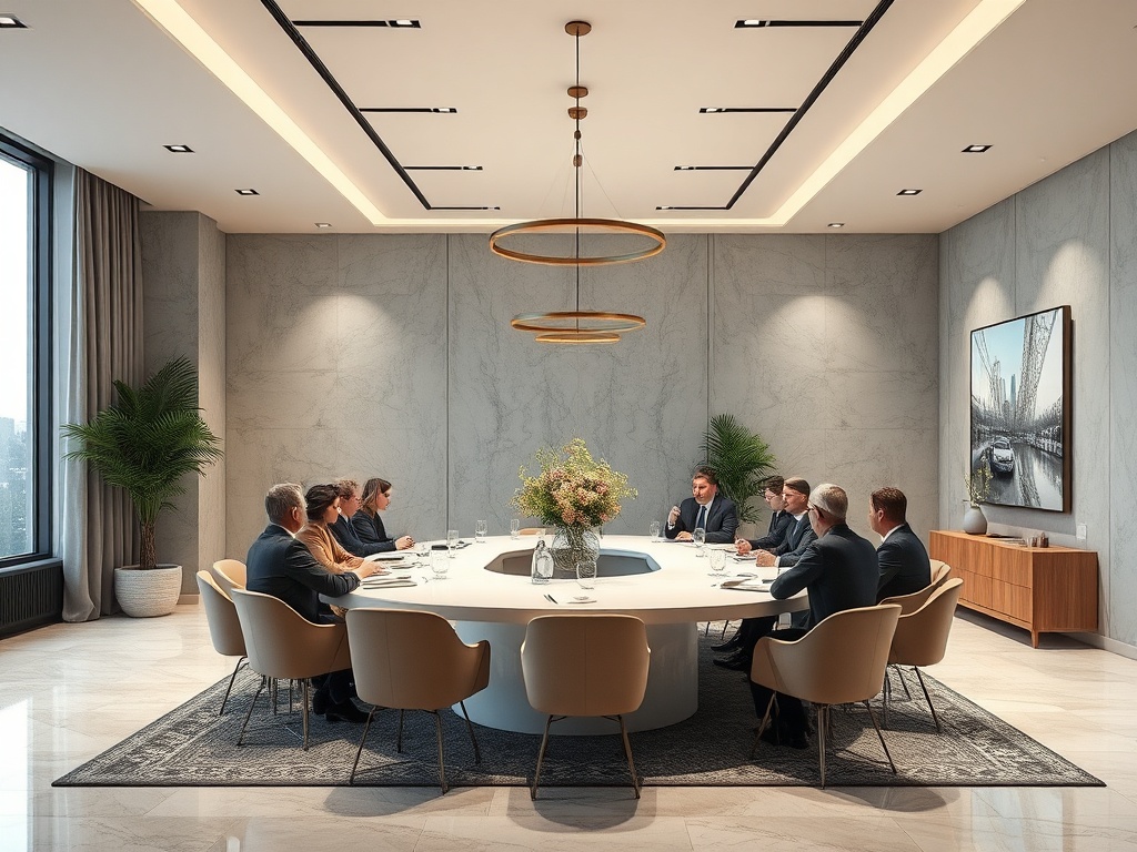 Совещание в современном офисе, участники обсуждают важные вопросы за круглым столом.